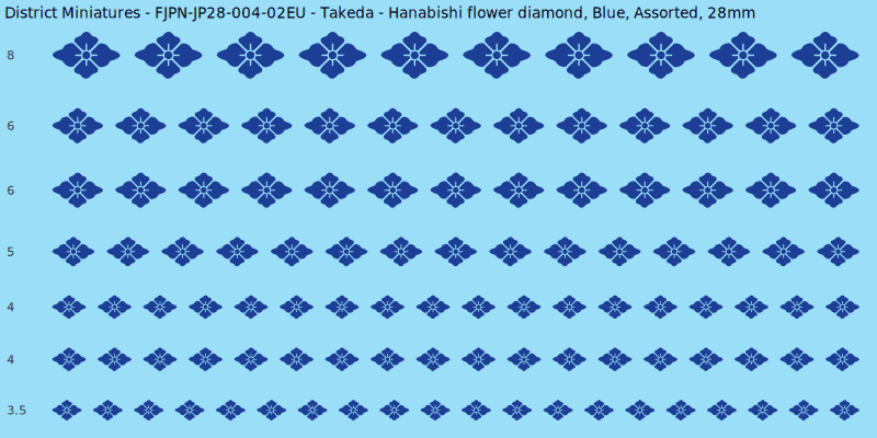 Takeda clan mon, Hanabishi flower diamond, Blue waterslide decal sheet, 28mm