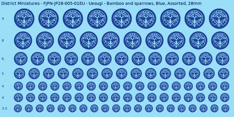 Uesugi clan mon, Bamboo and sparrows, Blue waterslide decal sheet, 28mm