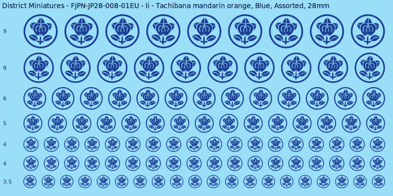 Ii clan mon, Tachibana mandarin orange, Blue waterslide decal sheet, 28mm