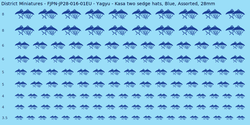 Yagyu clan mon, Kasa two sedge hats, Blue waterslide decal sheet, 28mm