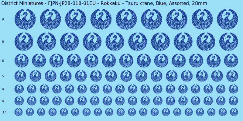 Rokkaku clan mon, Tsuru crane, Blue waterslide decal sheet, 28mm