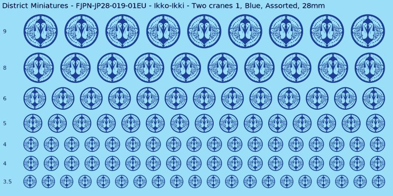 Ikko-Ikki clan mon, Two cranes 1, Blue waterslide decal sheet, 28mm