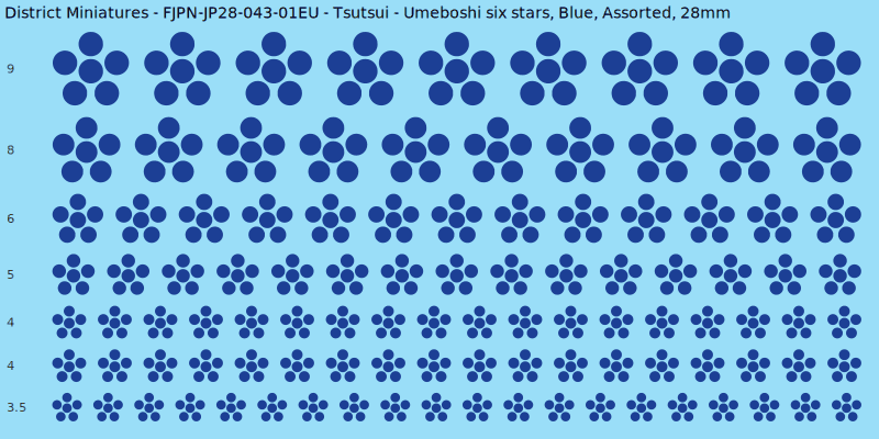 Tsutsui clan mon, Umeboshi six stars, Blue waterslide decal sheet, 28mm