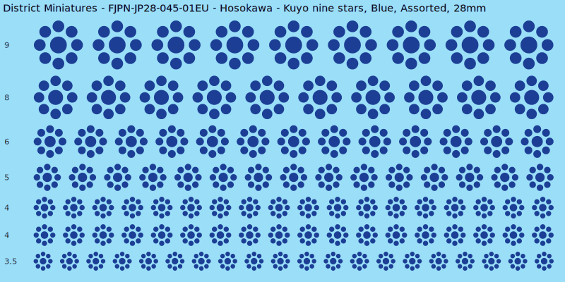Hosokawa clan mon, Kuyo nine stars, Blue waterslide decal sheet, 28mm