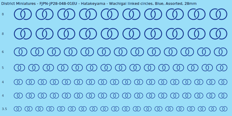 Hatakeyama clan mon, Wachigai linked circles, Blue waterslide decal sheet, 28mm