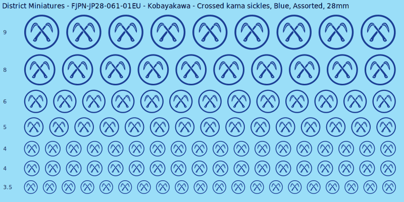 Kobayakawa clan mon, Crossed kama sickles, Blue waterslide decal sheet, 28mm