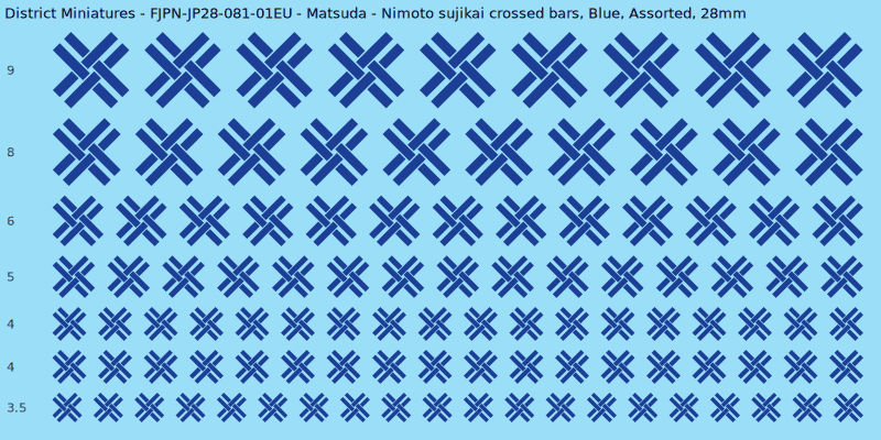 Matsuda clan mon, Nimoto sujikai crossed bars, Blue waterslide decal sheet, 28mm