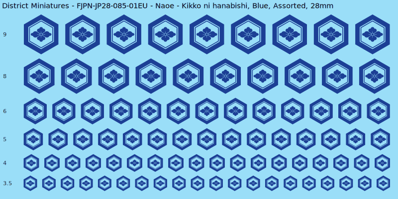 Naoe clan mon, Kikko ni hanabishi, Blue waterslide decal sheet, 28mm