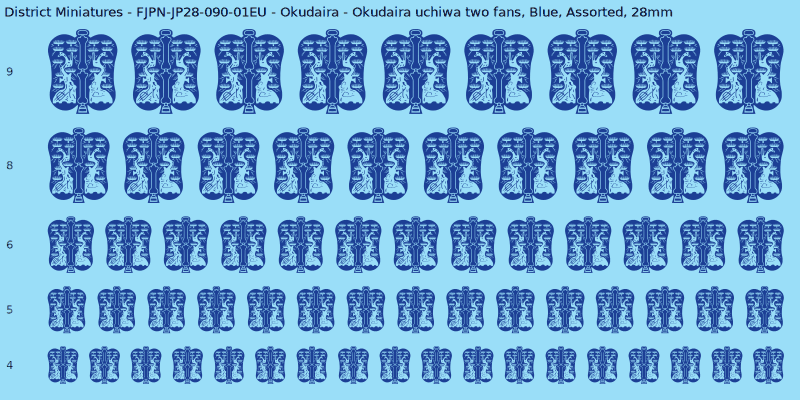 Okudaira clan mon, Blue waterslide decal sheet, Assorted banner sizes, 28mm