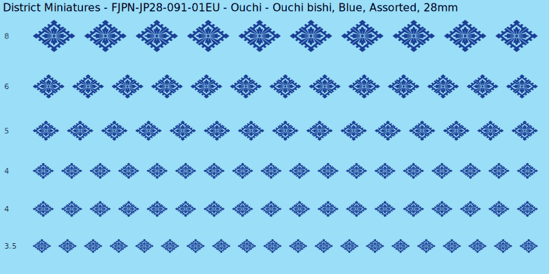 Ouchi clan mon, Blue waterslide decal sheet, Assorted banner sizes, 28mm
