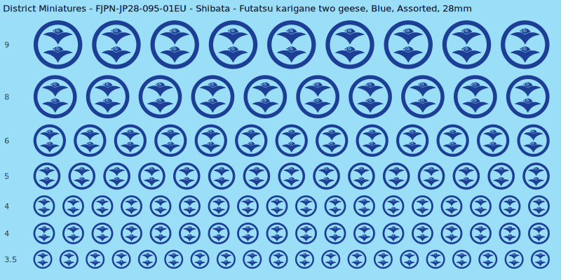 Shibata clan mon, Futatsu karigane two geese, Blue waterslide decal sheet, 28mm