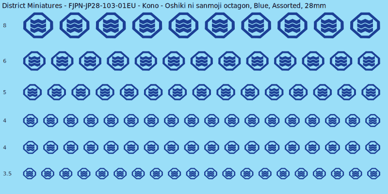 Kono clan mon, Oshiki ni sanmoji octagon, Blue waterslide decal sheet, 28mm