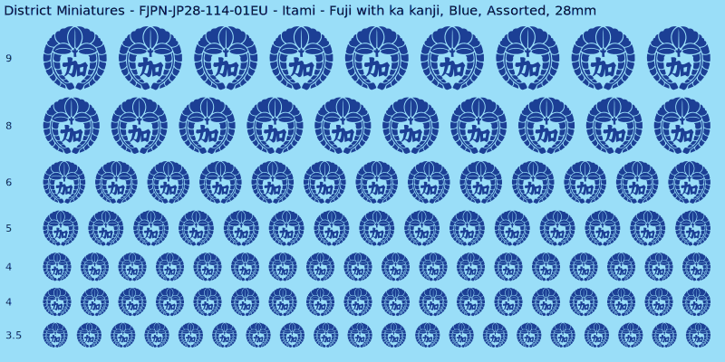 Itami clan mon, Fuji with ka kanji, Blue waterslide decal sheet, 28mm