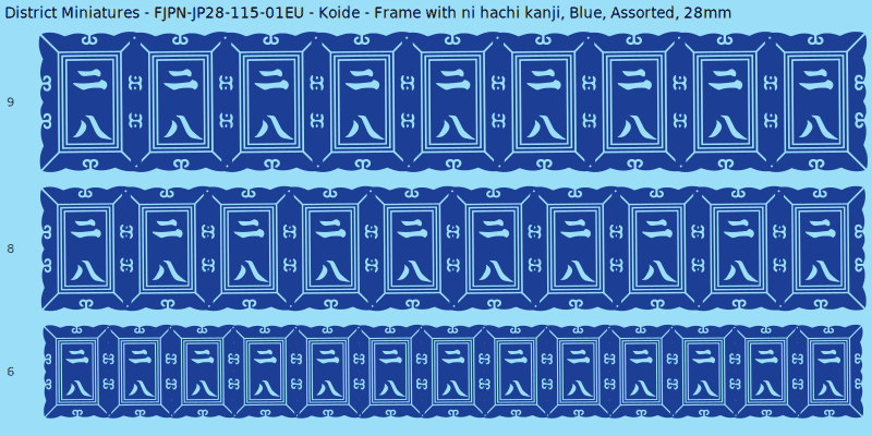 Koide clan mon, Frame with ni hachi kanji, Blue waterslide decal sheet, 28mm