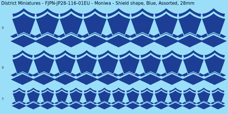 Moniwa clan mon, Shield shape, Blue waterslide decal sheet, 28mm