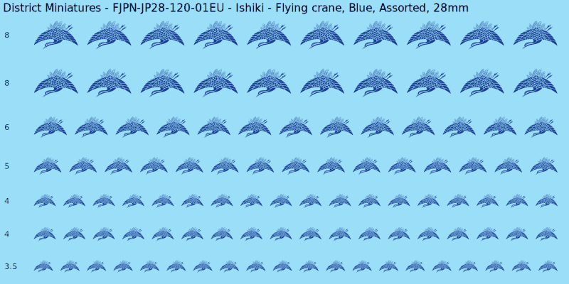 Ishiki clan mon, Blue waterslide decal sheet, Assorted banner sizes, 28mm