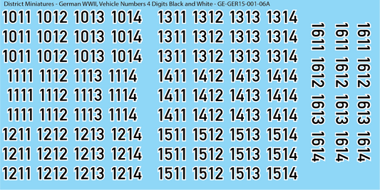 WW2 German - Vehicle Numbers 4 Digits, 15mm Decals