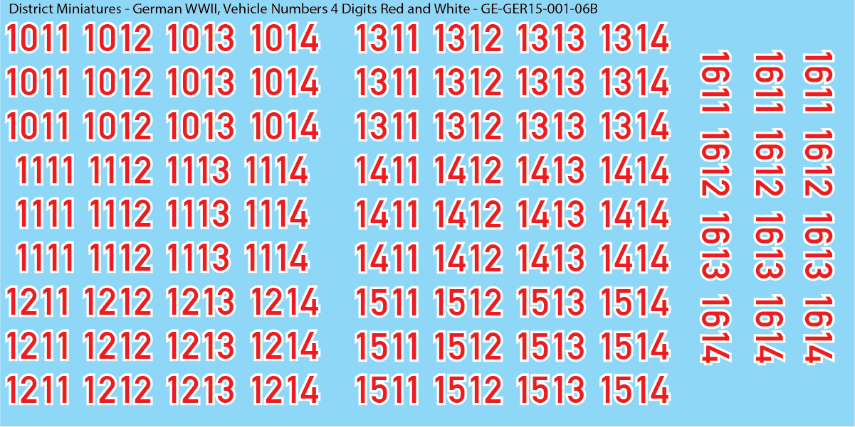 WW2 German - Vehicle Numbers 4 Digits, 15mm Decals