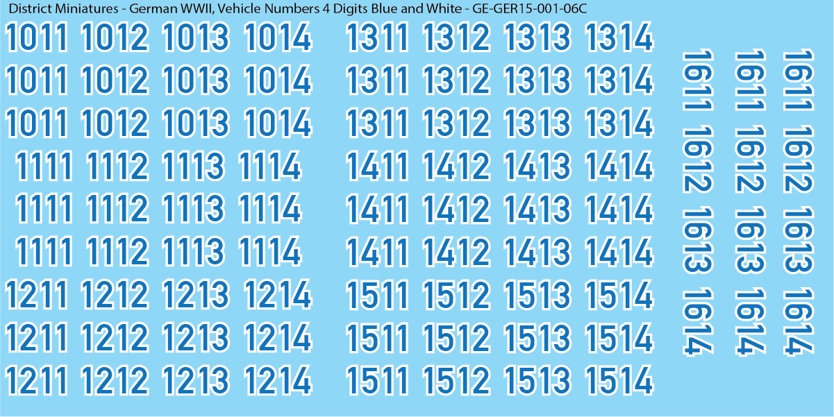 WW2 German - Vehicle Numbers 4 Digits, 15mm Decals