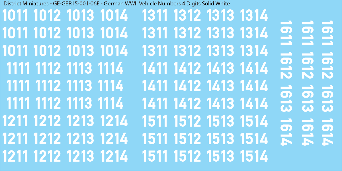 WW2 German - Vehicle Numbers 4 Digits, 15mm Decals