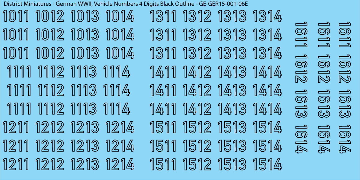 WW2 German - Vehicle Numbers 4 Digits, 15mm Decals