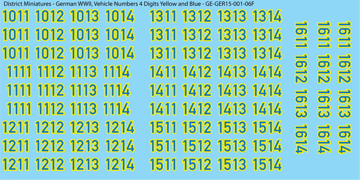 WW2 German - Vehicle Numbers 4 Digits, 15mm Decals