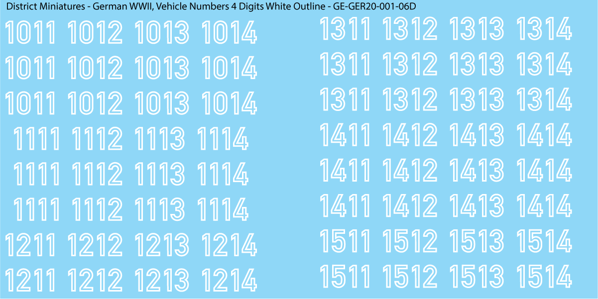 WW2 German - Vehicle Numbers 4 Digits, 20mm Decals