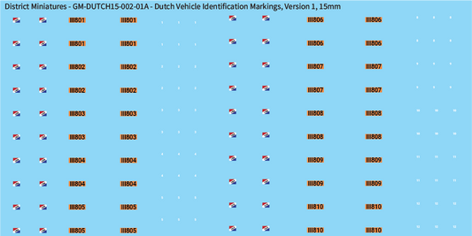 WW2 Dutch - Dutch Vehicle Identification Markings, 15mm Decals