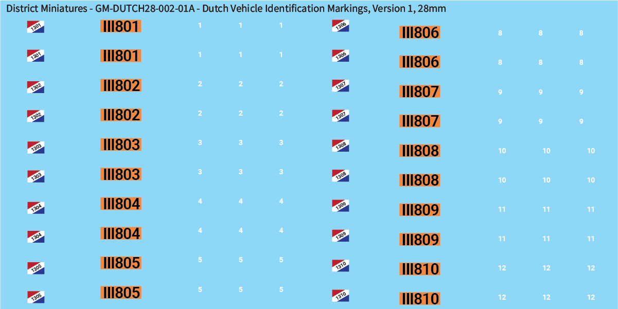 WW2 Dutch - Dutch Vehicle Identification Markings, 28mm Decals