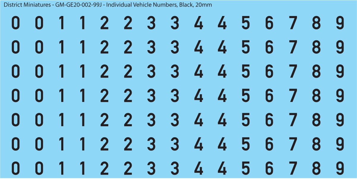 WW2 German - Individual Vehicle Numbers (Large and Small Options), 20mm