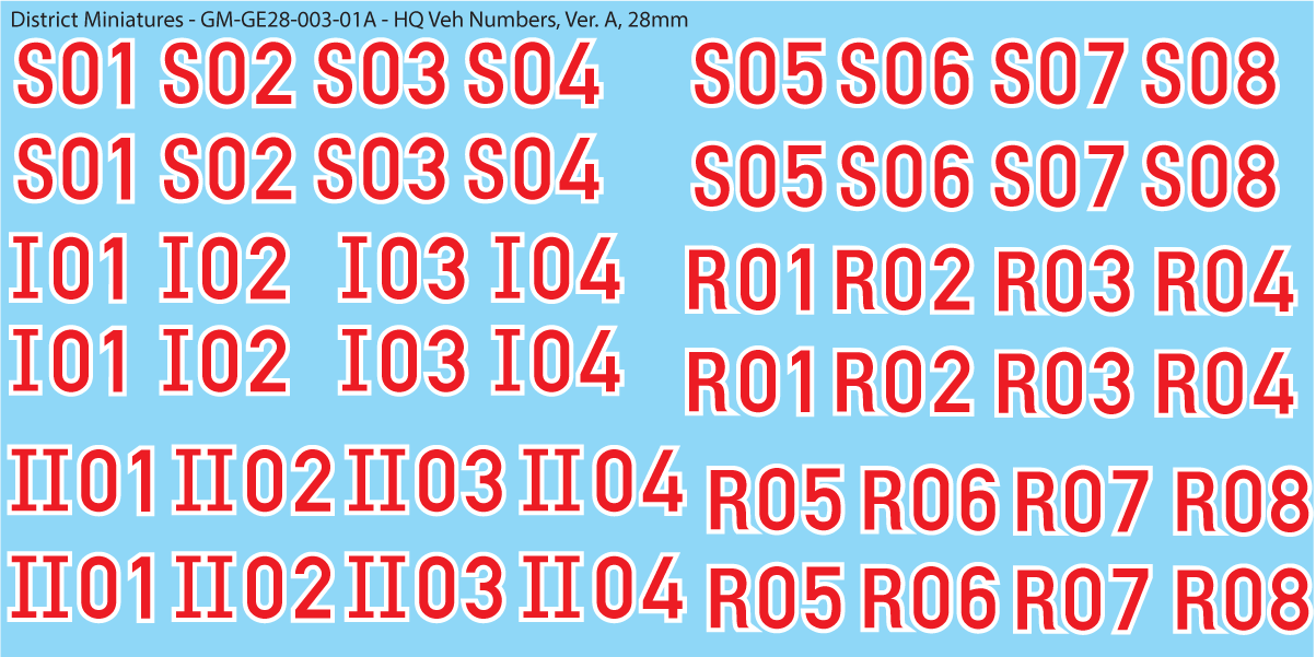German HQ Vehicle Numbers, 28mm Decals
