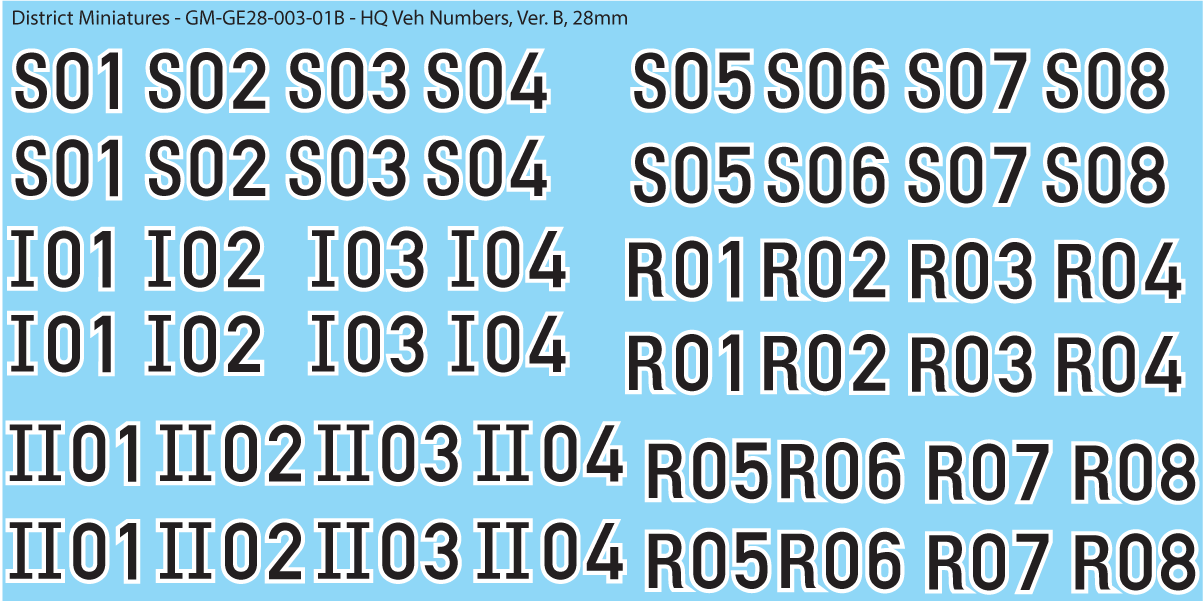 German HQ Vehicle Numbers, 28mm Decals