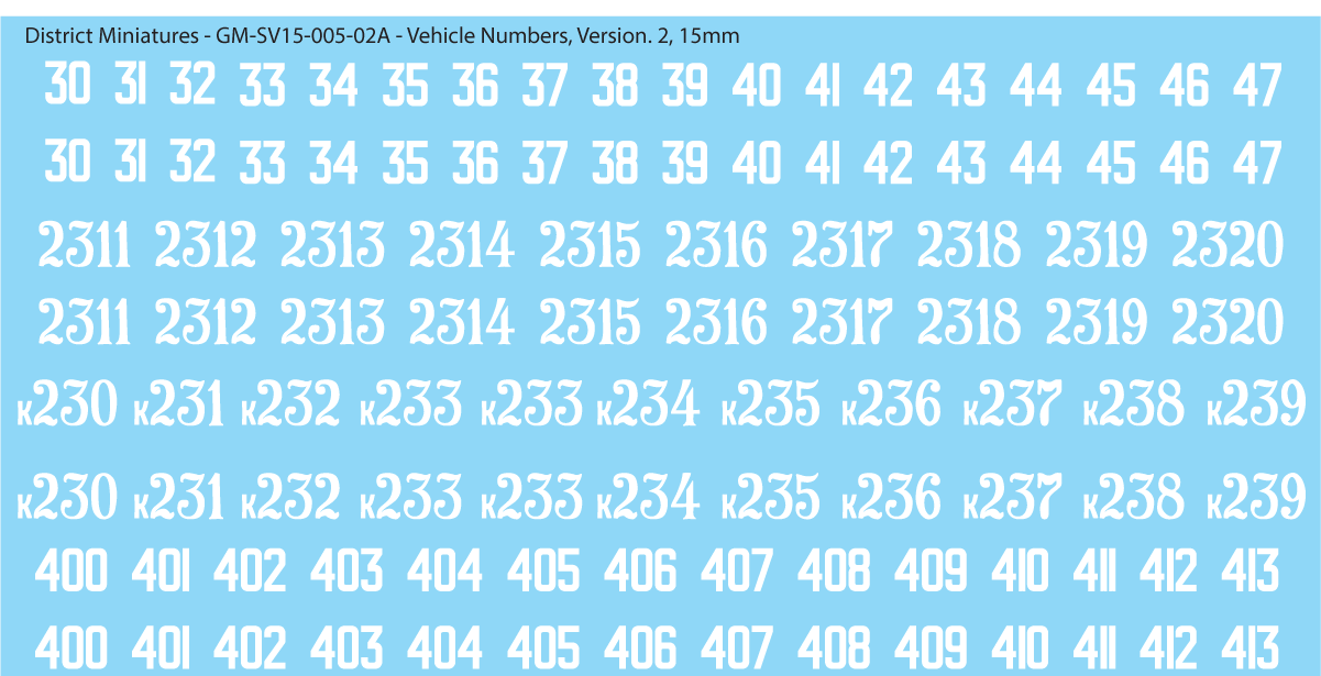 Soviet Vehicle Numbers, 15mm Decals