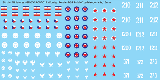 Soviet Foreign T-34, Polish, Czech, Yugoslavia, 15mm Decals
