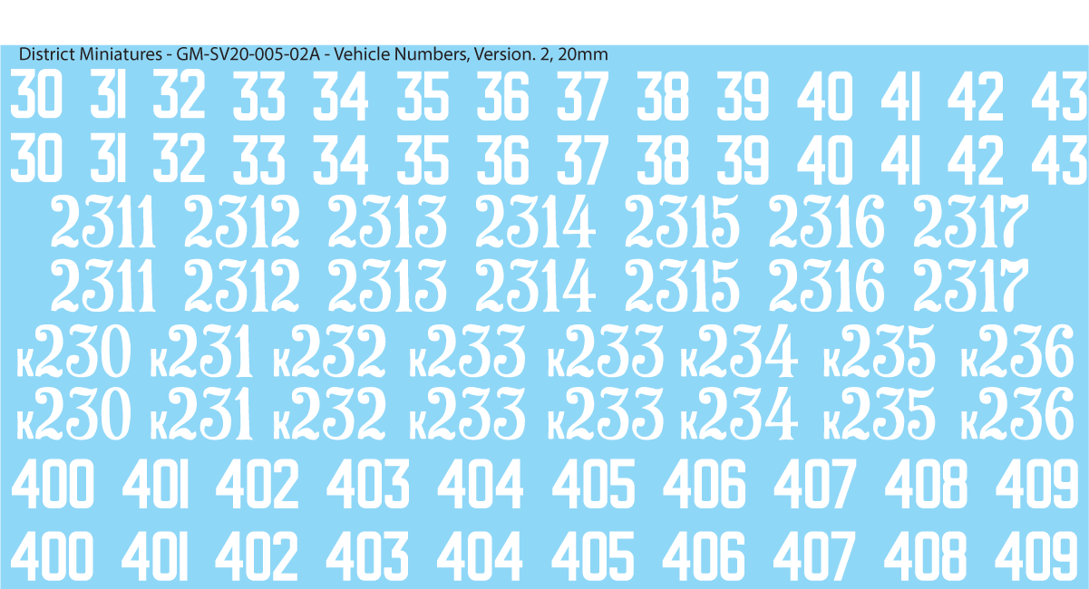 Soviet Vehicle Numbers, 20mm Decals