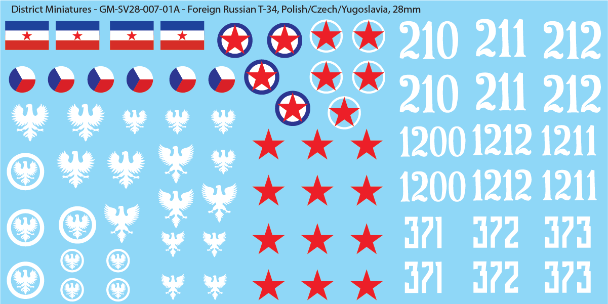 Soviet Foreign T-34, Polish, Czech, Yugoslavia, 28mm Decals