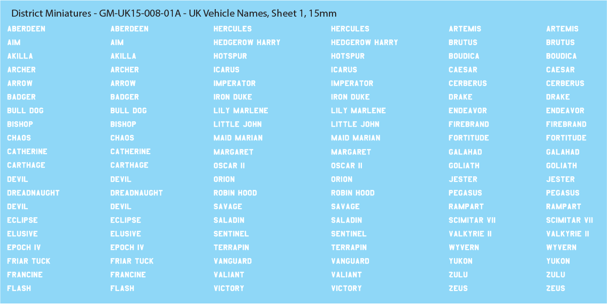 WW2 British - UK Vehicle Names, Multiple Variants, 15mm Decals