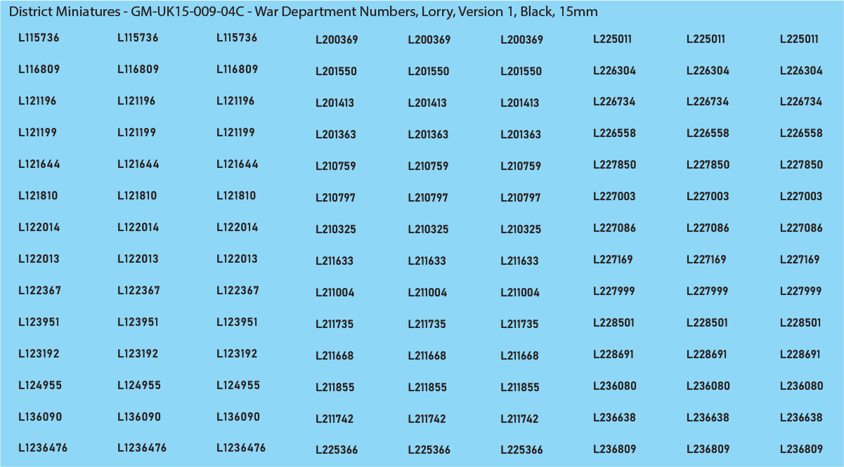 WW2 British - UK War Dept Numbers, Lorry, 15mm Decals