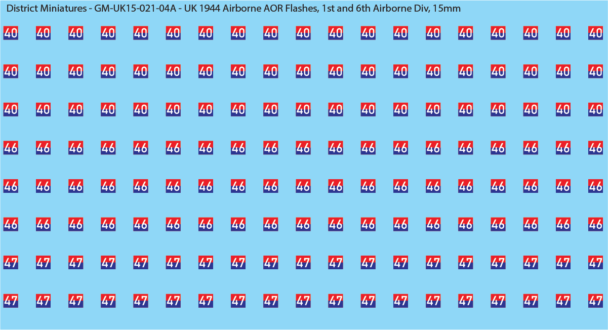 WW2 British - UK 1944 Airborne AOR Flashes, 1st and 6th Airborne, 15mm Decals