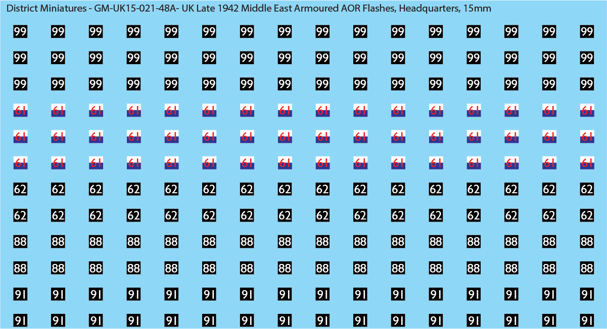 WW2 British - UK Late 1942 Middle East Armor AOR Flashes (Multiple Options), 15mm Decals