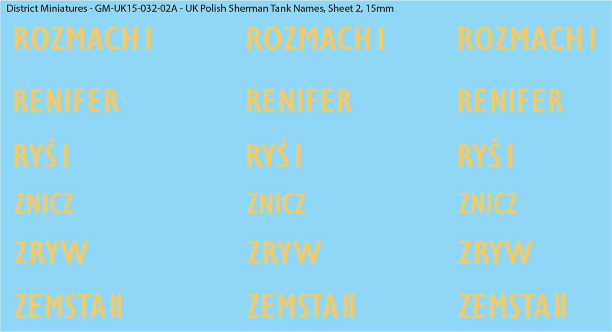 WW2 British - UK Polish Sherman Tank Names, 15mm Decals