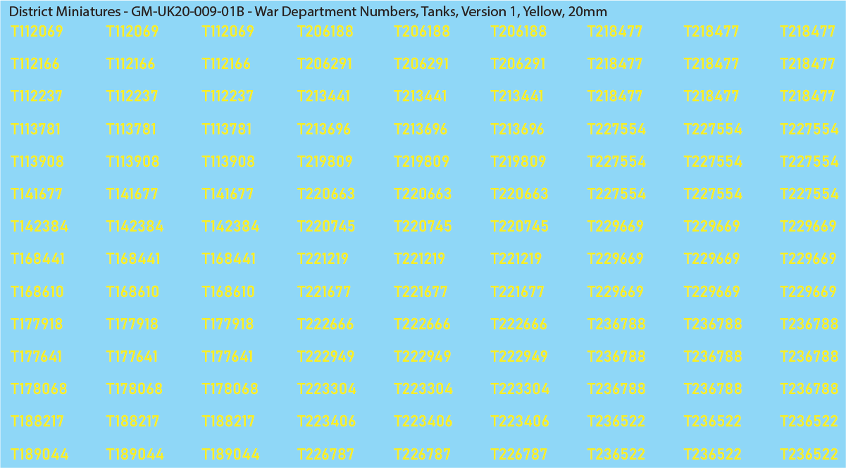 WW2 British - UK War Dept Numbers, Tanks, 20mm Decals