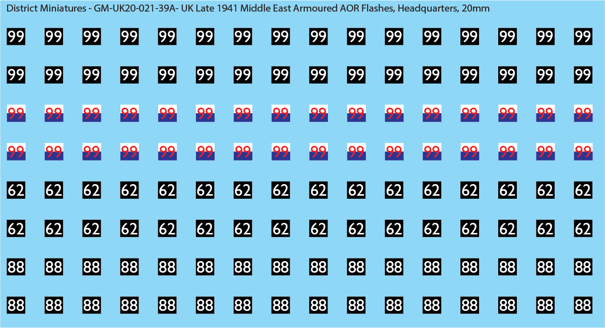 WW2 British - UK Late 1941 Middle East Armor AOR Flashes (Multiple Options), 20mm Decals