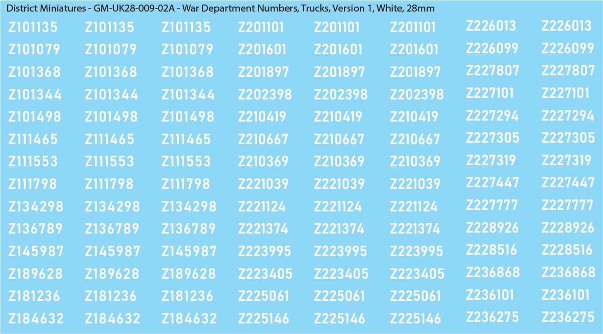 WW2 British - UK War Dept Numbers, Trucks, 28mm Decals