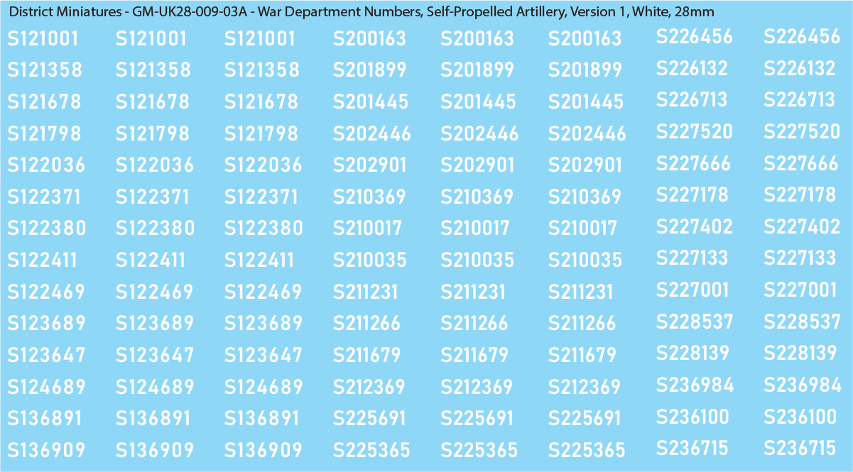 WW2 British - UK War Dept Numbers, Self-Propelled Artillery, 28mm Decals