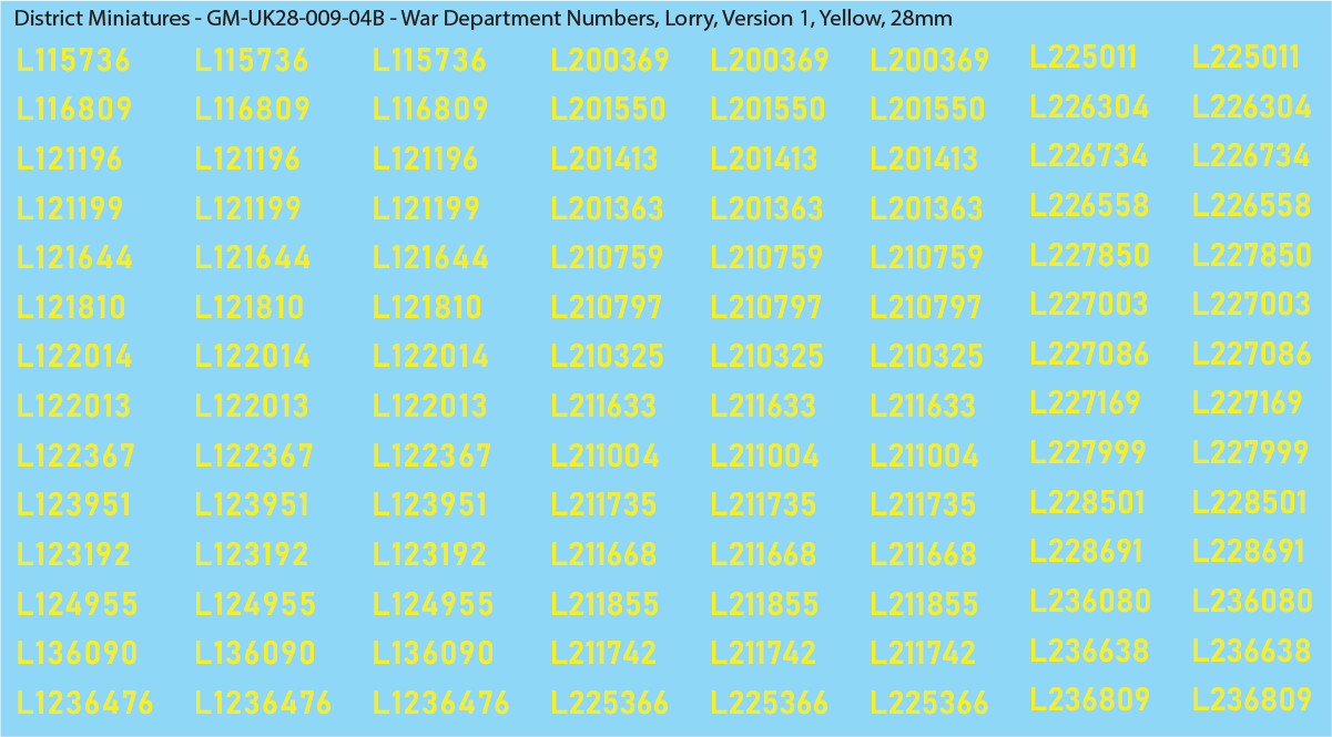 WW2 British - UK War Dept Numbers, Lorry, 28mm Decals