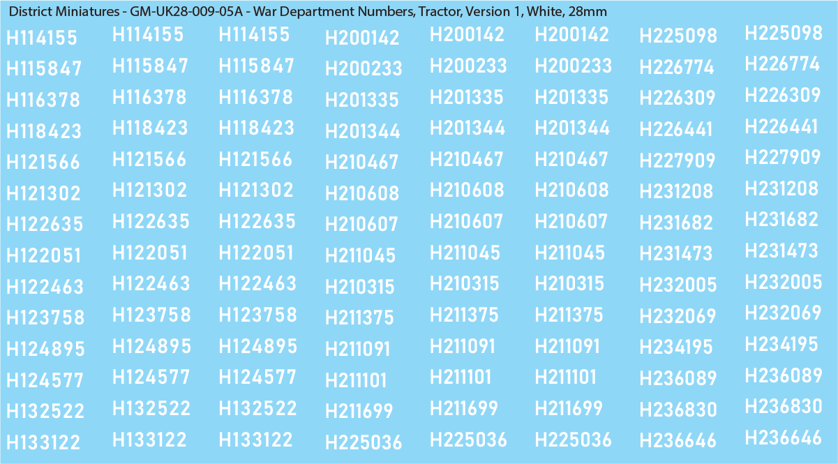 WW2 British - UK War Dept Numbers, Tractor, 28mm Decals