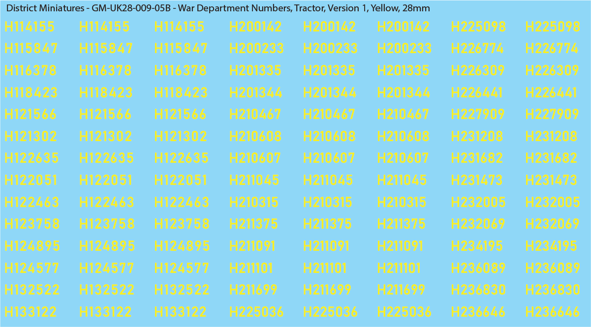 WW2 British - UK War Dept Numbers, Tractor, 28mm Decals
