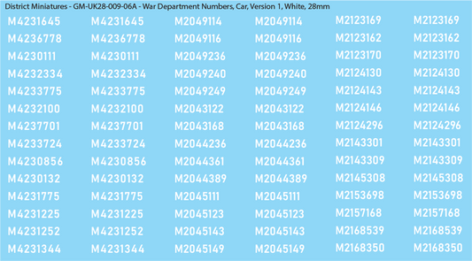 WW2 British - UK War Dept Numbers, Car (Jeep), 28mm Decals