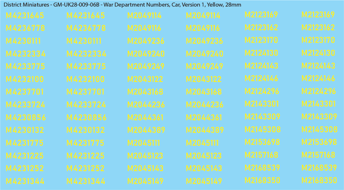 WW2 British - UK War Dept Numbers, Car (Jeep), 28mm Decals